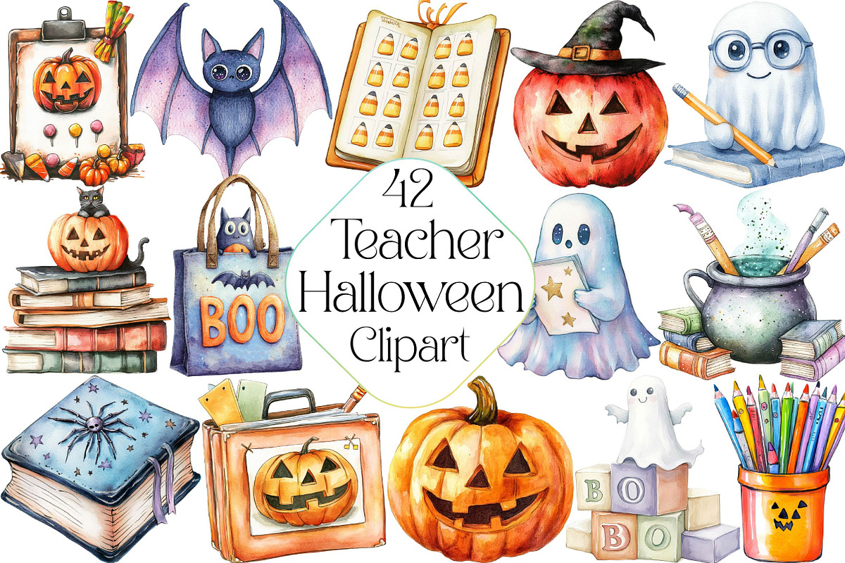 Watercolor Halloween Teacher Clipart, an Illustration by DreamPrint404 (Photo 1 of 5)