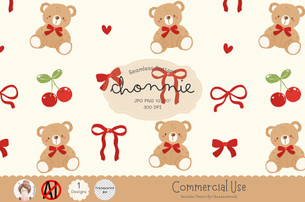 Coquette Teddy Bear With Bow, a Pattern Graphic by Chonnieartwork