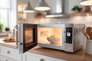 Popcorn is cooking in a microwave in a bright modern kitchen setting during the, a Food & Drink Photo by AlyaAnd