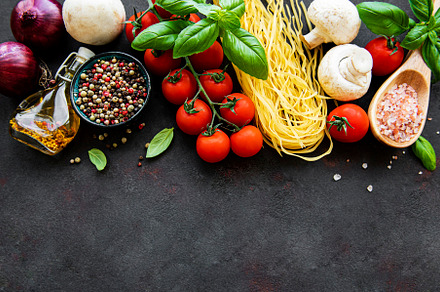 Healthy mediterranean diet, ingredients for Italian meal, spaghe, a Food & Drink Photo by Olena Rudo