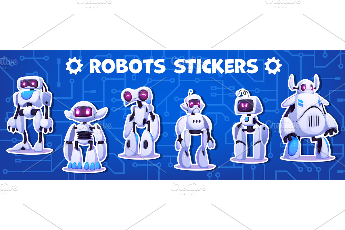 Stickers pack, cartoon robots, a Technology Illustration by Vector Tradition