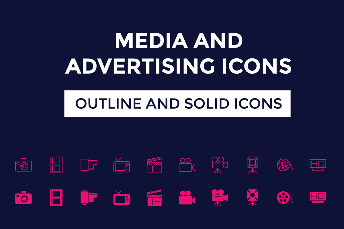 100+ Media and Advertising Icons, a Solid Icon by Creative Stall