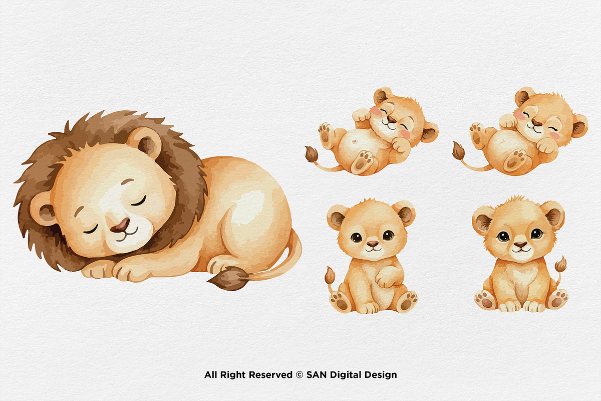 15 Bundle Watercolor Cute Lion Fam, an Animal Illustration by Morspective (Photo 6 of 8)