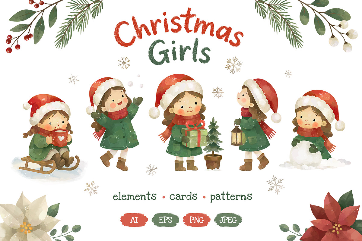 Christmas Girls Watercolor Clipart, a Seasonal Illustration by Hanna's ArtLab (Photo 1 of 6)