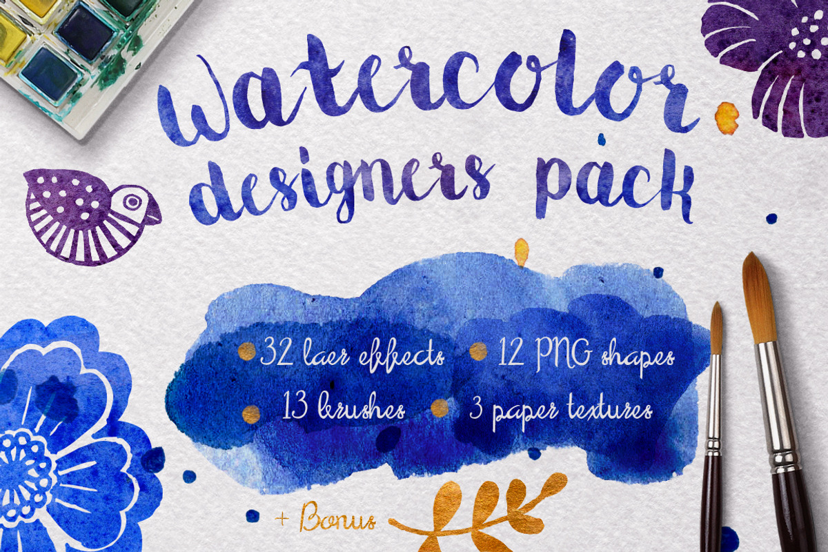 Watercolor designers pack, a Layer Style Add-On by ZiziMarket (Photo 1 of 6)