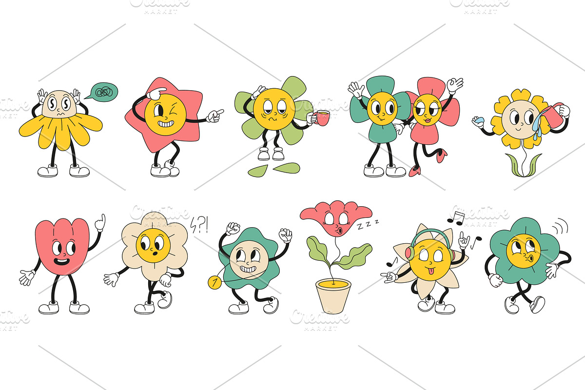 Retro style flower characters, an Illustration by Valerie Bodnar