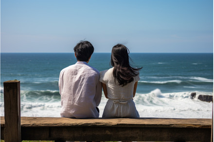 Loving Asian couple watch sea banner, a Person Photo by Ylivdesign