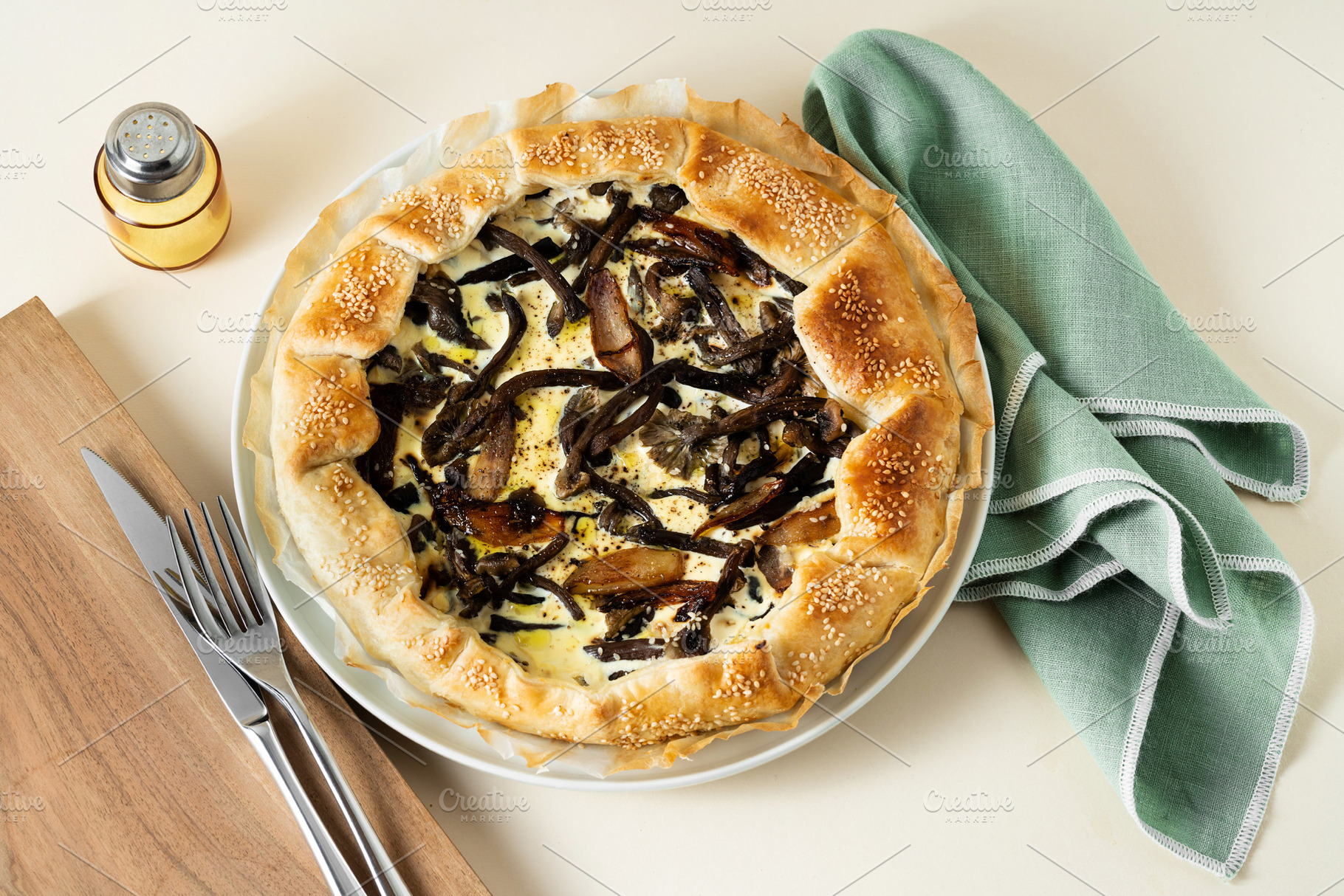 QUICHE LORRAINE pie with mushrooms and onions. minimalist style, a Food & Drink Photo by IriGri