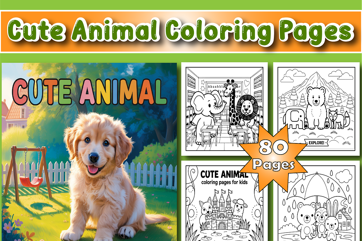 Cute Animal Coloring Pages For Kids, an Animal Illustration by Printable Design Store (Photo 1 of 4)