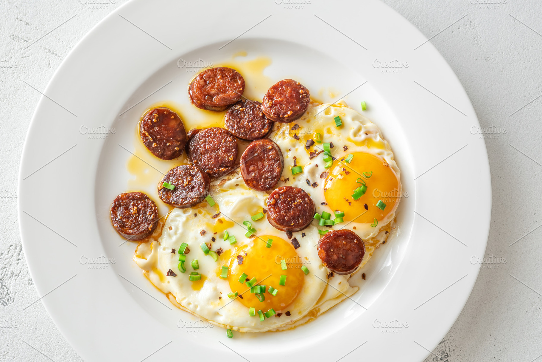 Hearty fried chorizo eggs, a Food & Drink Photo by Alexander Prokopenko