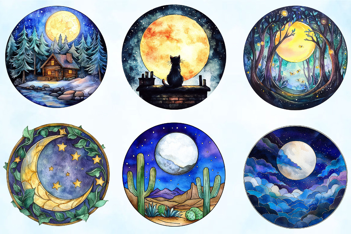 Moonlit Nights Stained Glass Clipart, an Illustration by Craft Nest (Photo 2 of 6)