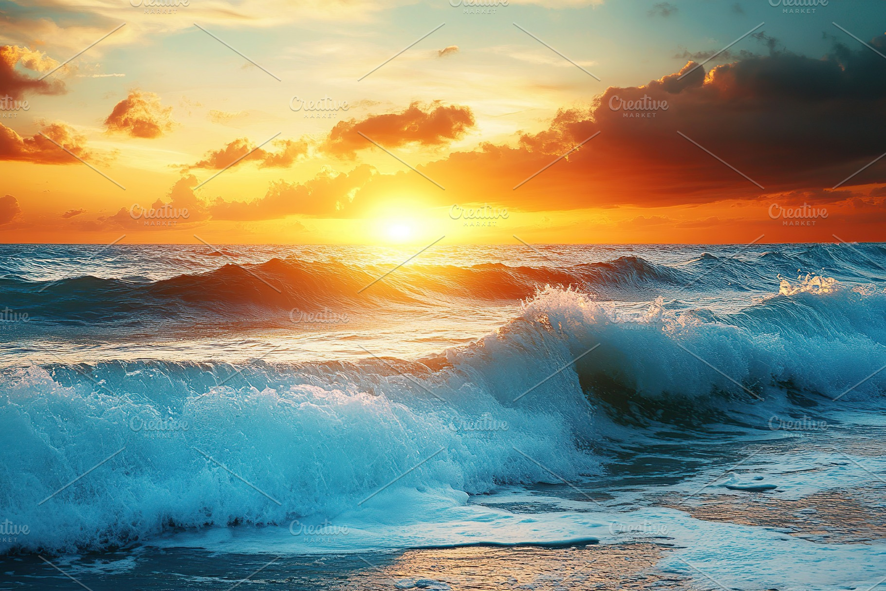 Sunset glow over ocean waves rolling towards the shore, a Nature Photo by AlyaAnd