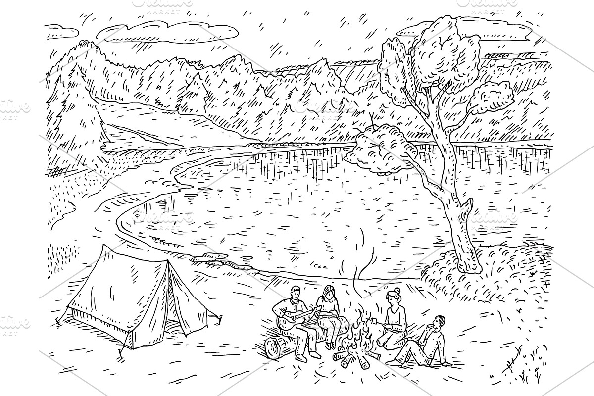 Camping in forest. Vintage engrave, a Person Illustration by MoreVector