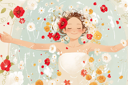 Illustration of woman relaxing in bathtub with flowers floating around, an Illustration by AS photostudio