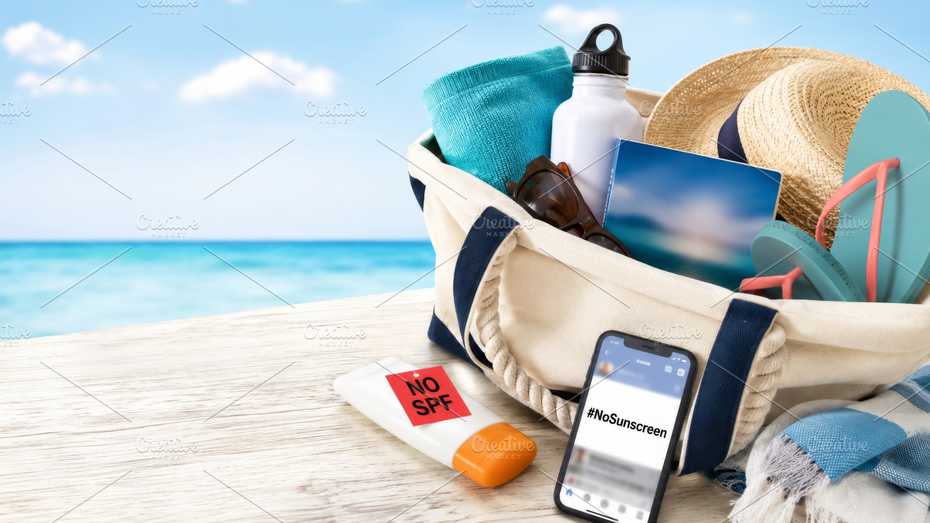 Beach essentials bag with no sunscre, a Photo by Dvoevnore photos