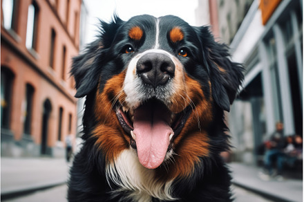 Cute bernese mountain dog at city, an Animal Photo by Ylivdesign