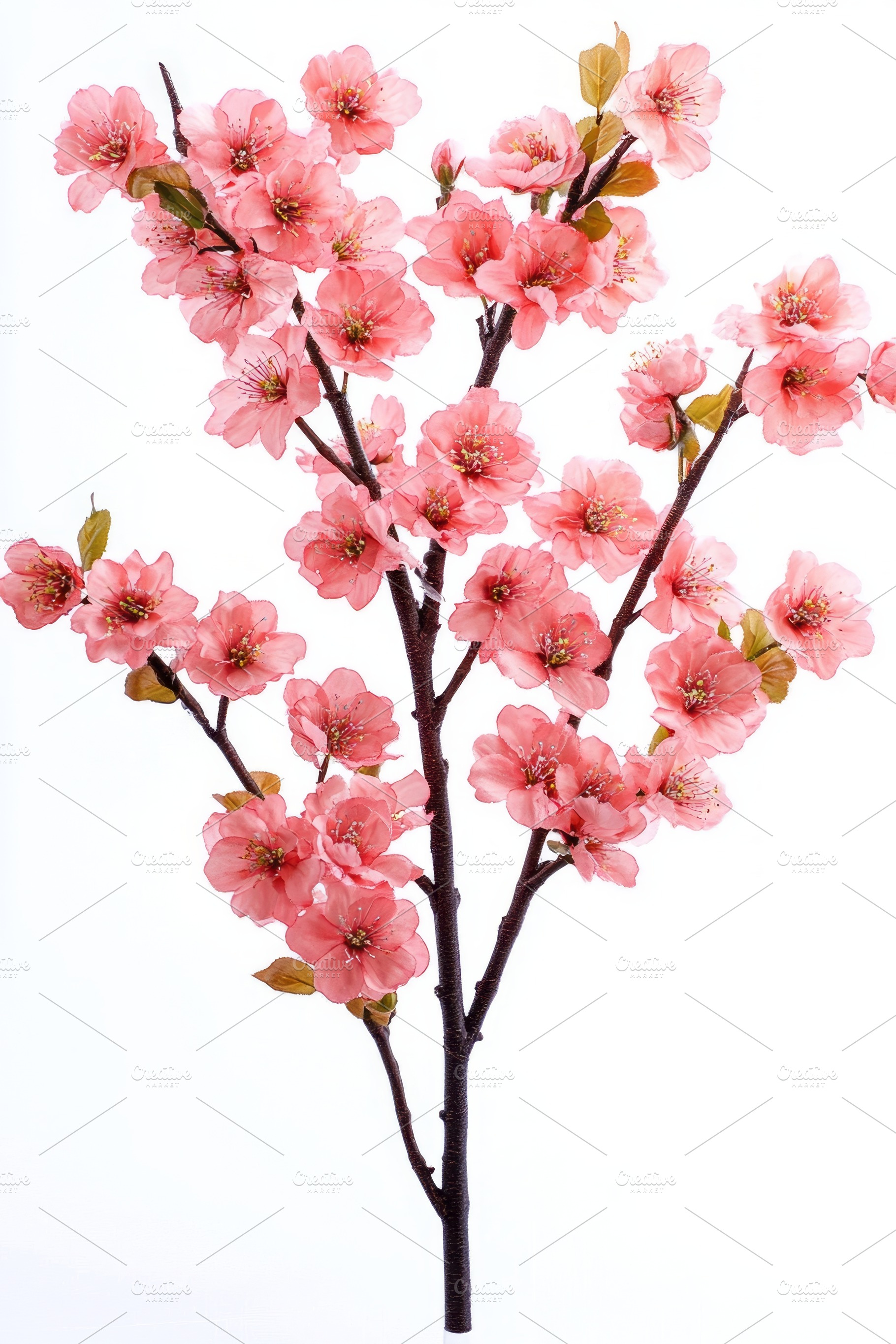 A delicate branch of pink cherry blossoms against a soft white backdrop., a Background Photo by ImageMir