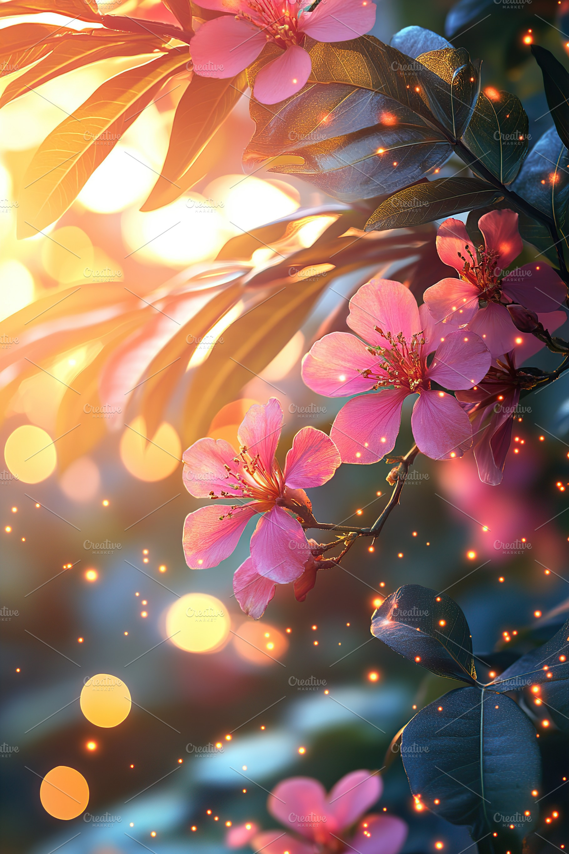 Beautiful blooming pink flowers with soft glow in a garden at sunset, a Nature Photo by AlyaAnd