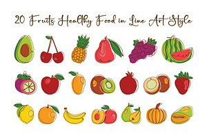 20 Fruits Healthy Food in Line Art, a Food Illustration by jongcreative