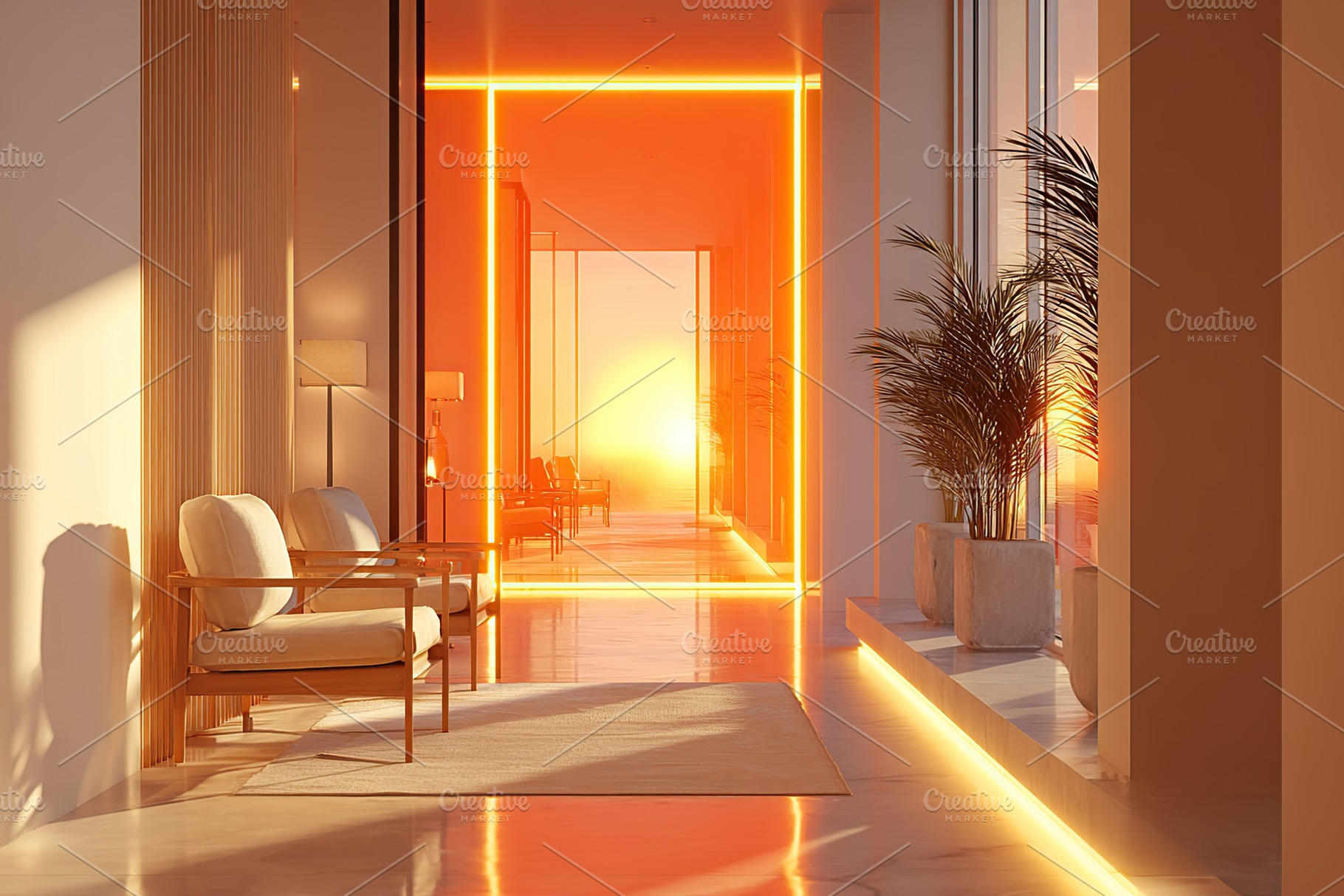 Motion-activated corridor bathed in warm sunset glow with stylish decor element, a Background Photo by AlyaAnd