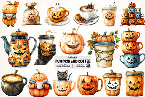 Pumpkin and Coffee Halloween Bundle, an Illustration by Pixels.Craft