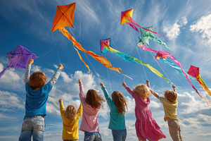 Children flying colorful kites sunny, a Photo by Pixeness Studio