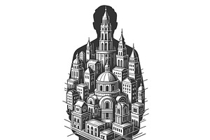 City Skyline Inside Human Silhouette, a Person Illustration by AlexArt