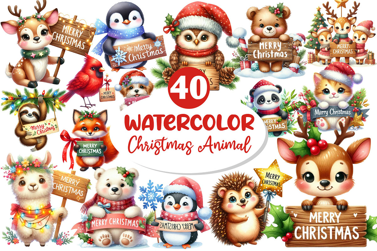 Merry Christmas Animals Clipart, an Illustration by Dream Creation (Photo 1 of 7)