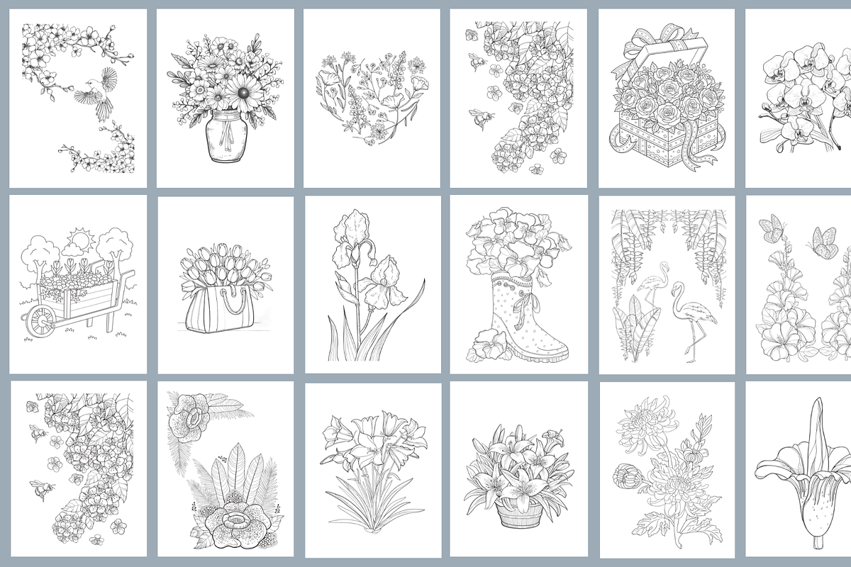 100 Flowers Coloring Book, a Decorative Illustration by MarisoArt (Photo 7 of 9)