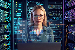 Professional female IT engineer (blonde woman in glasses) workin, a Technology Photo by Volff