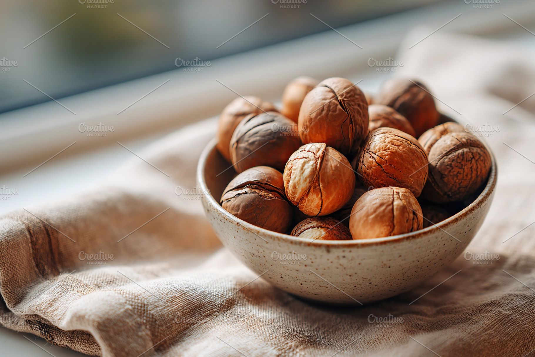 Nuts in a bowl placed on a soft fabric near a window, creating a cozy atmospher, a Food & Drink Photo by AlyaAnd