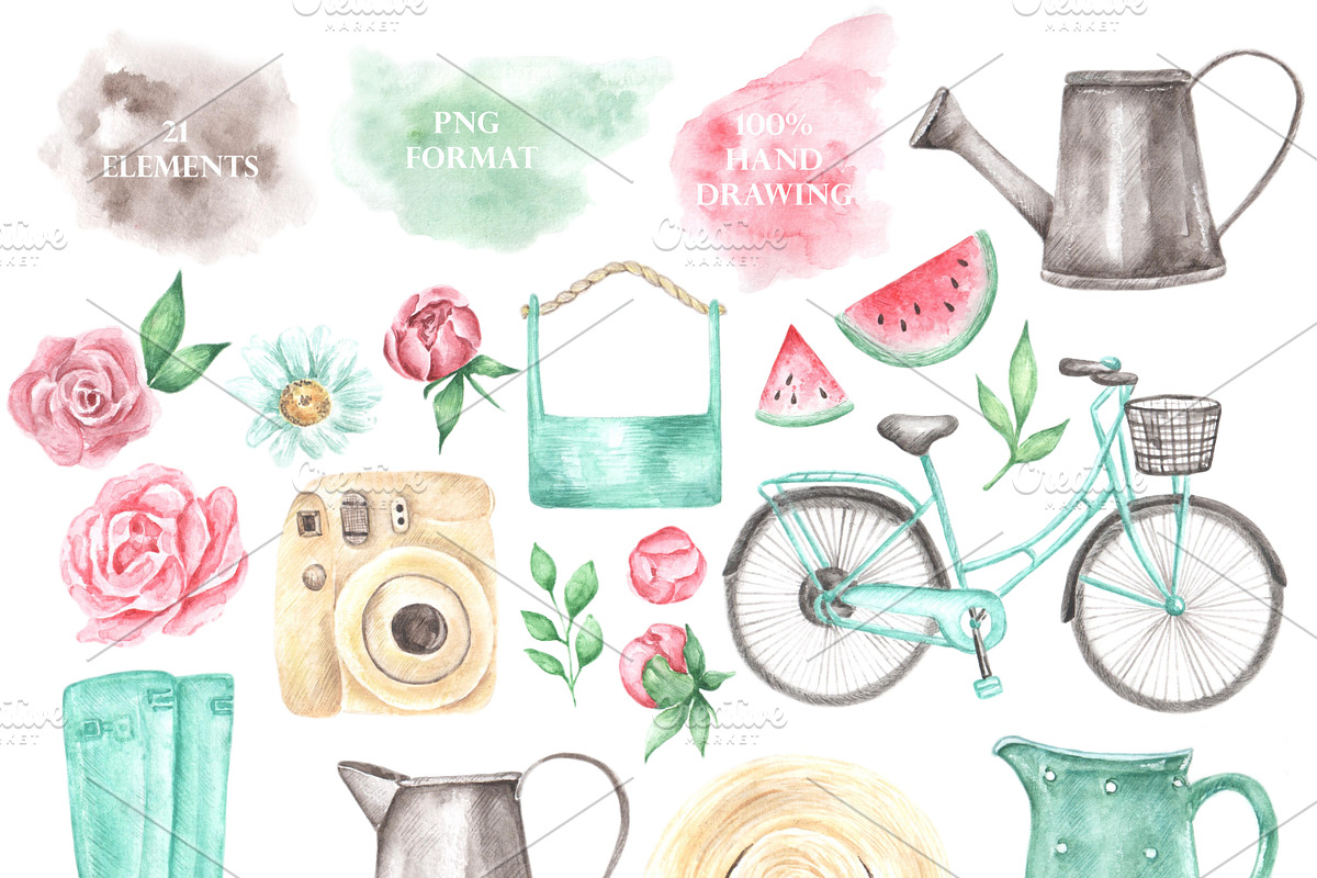 Summer time watercolor set. Country, an Illustration by SabinaWatercolorArt (Photo 2 of 11)