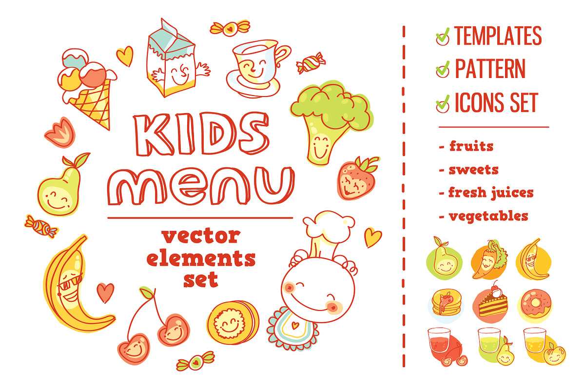 Kids Menu BIG vector elements set, a Food Illustration by Olyzel (Photo 1 of 4)