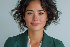 A woman with curly dark hair smiles confidently, wearing a green blazer and a w, a Person Photo by ImageMir