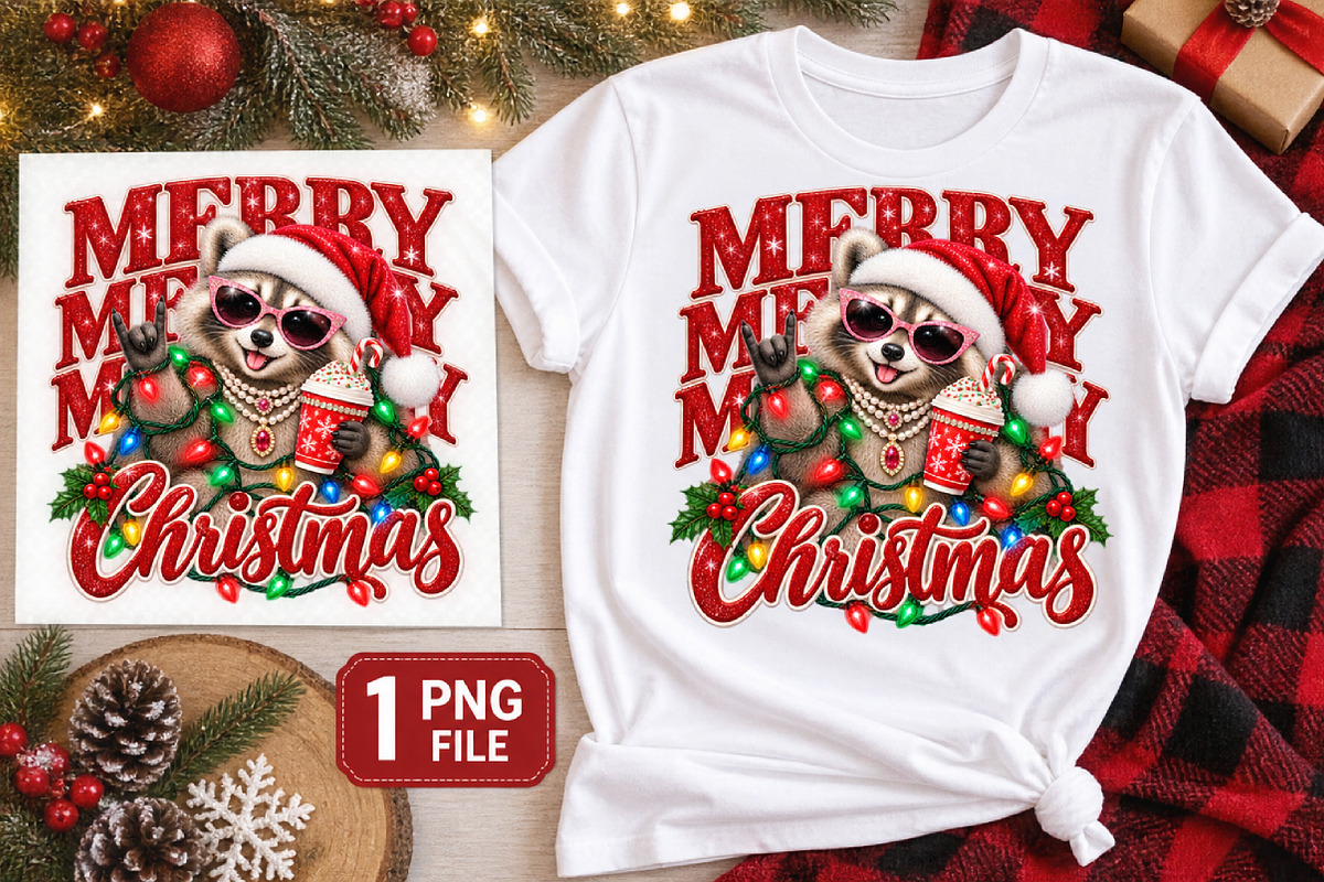 Merry Christmas Raccoon PNG, a Seasonal Illustration by Watercolor design (Photo 2 of 3)