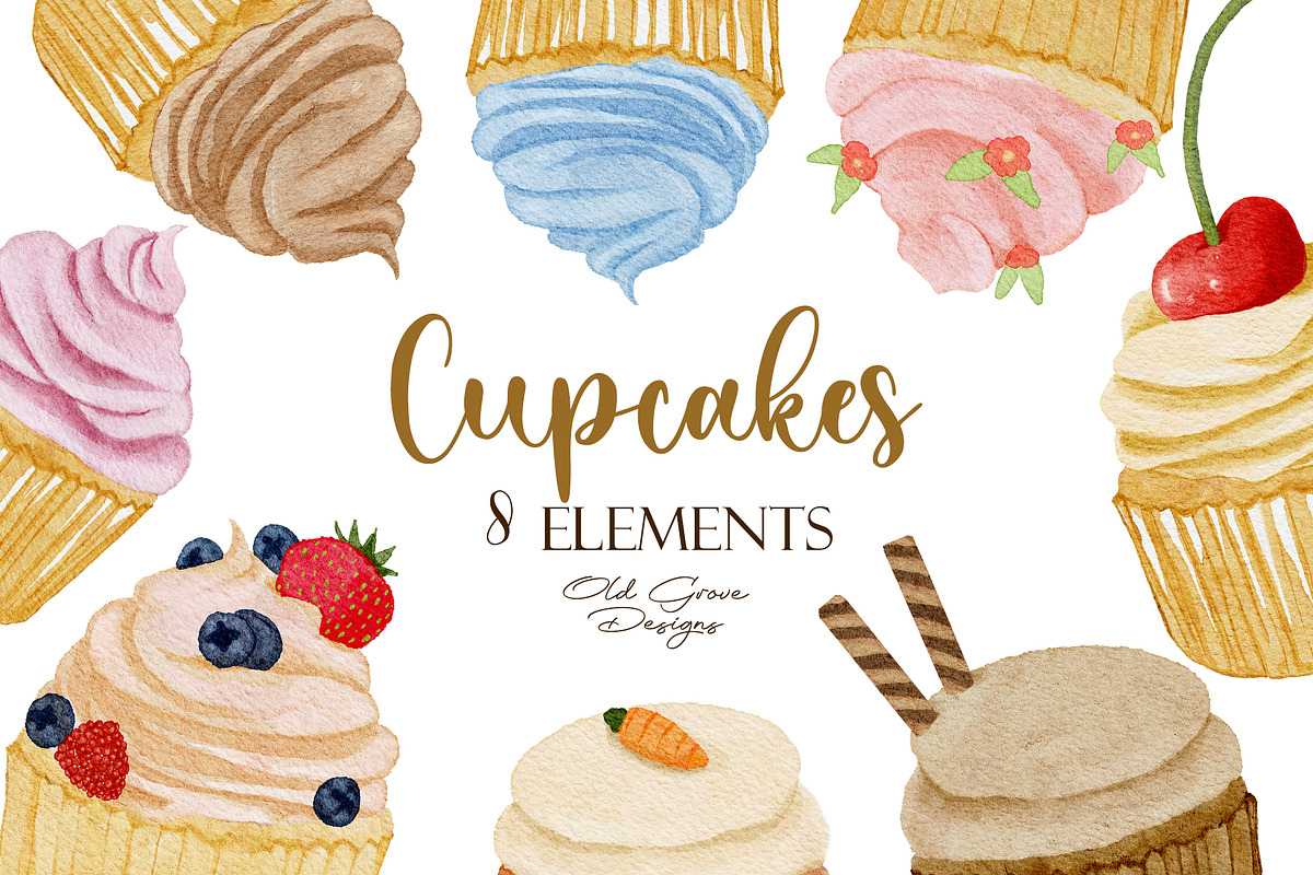 Watercolor Cupcake Clipart PNG, a Food Illustration by Old Grove Designs (Photo 1 of 3)