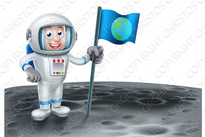 Cartoon Astronaut Holding A Flag On