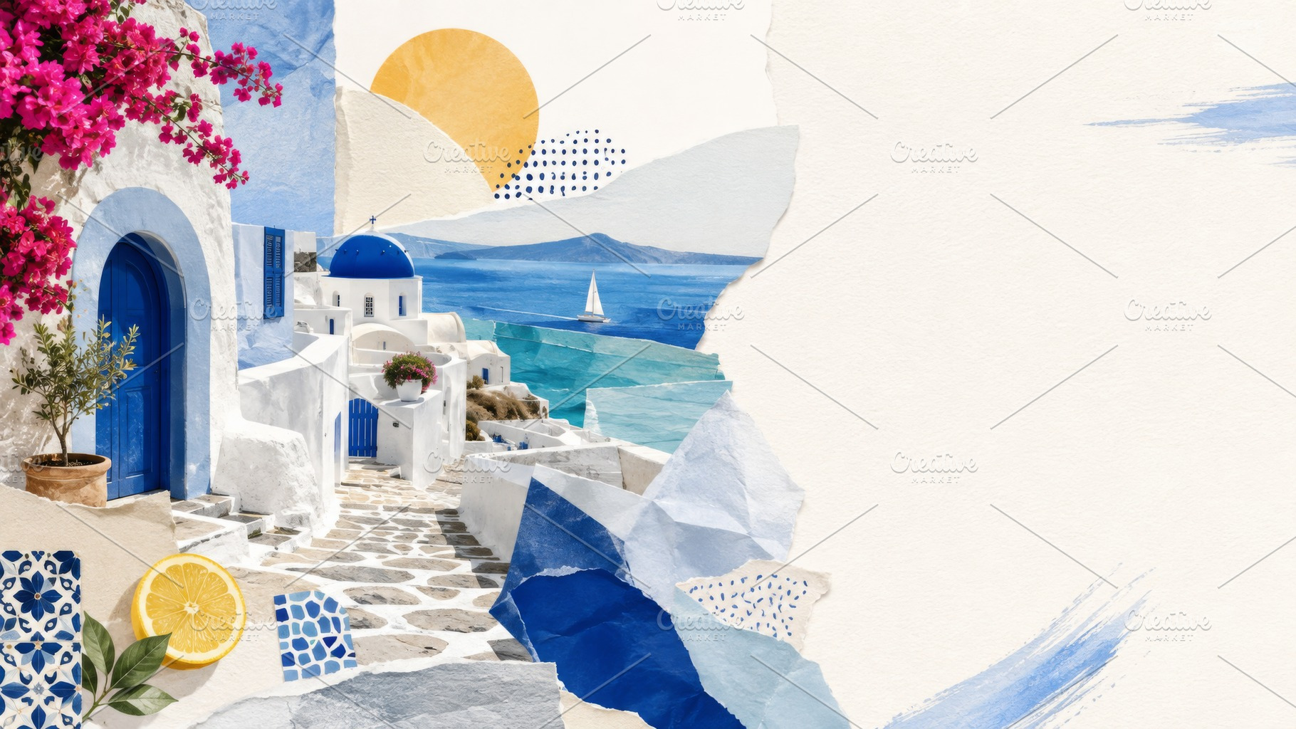 Greek isle aesthetic with white buil, a Photo by Dvoevnore photos