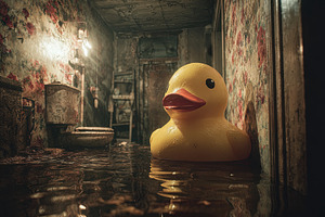 A large yellow rubber duck floats in a flooded, dilapidated room, an Abstract Photo by Ales Munt