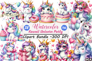 Kawaii Unicorn Party Clipart Bundle, an Illustration by DreamCafeArt
