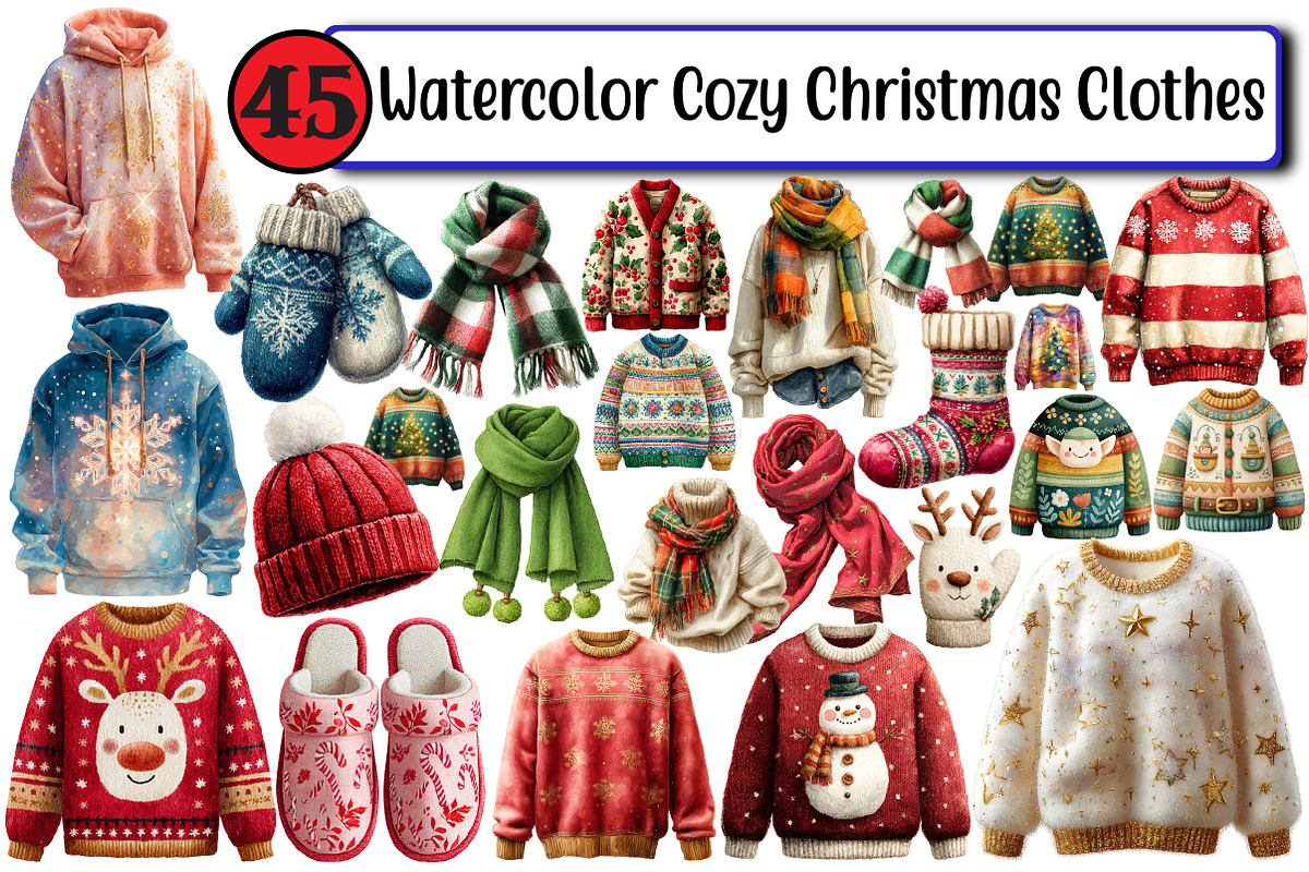 Watercolor Cozy Christmas Clothes, an Illustration by Design Market (Photo 1 of 3)