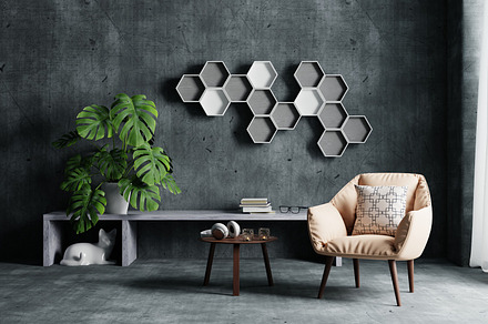 Living room with armchair sofa and Monstera plant and hexagonal book shelf on l, an Architecture Photo by Ministocker