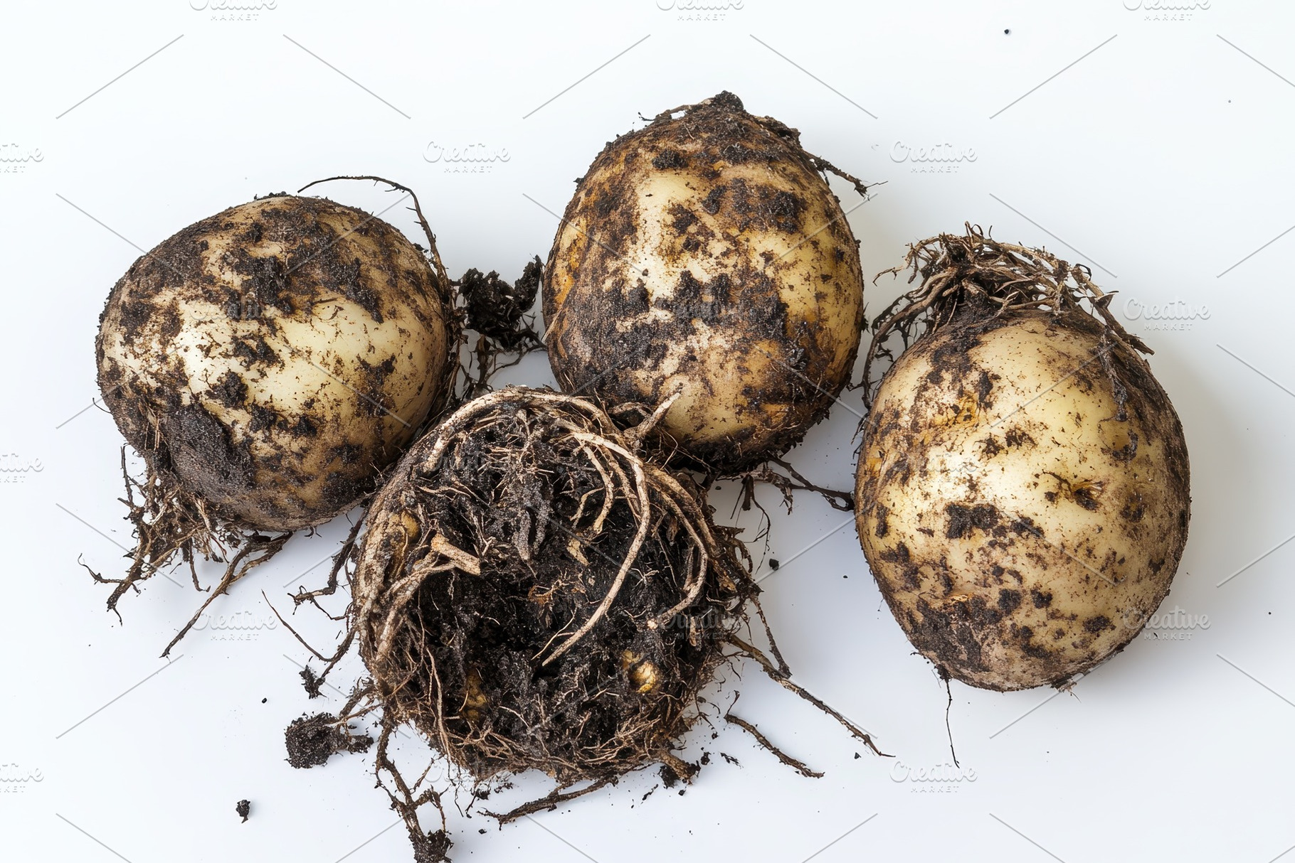 Freshly harvested potatoes with soil, a Photo by Pavel_design