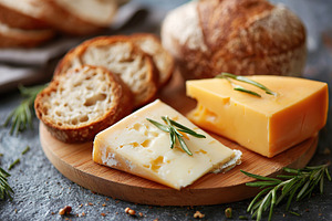 Crusty bread slices paired with creamy cheese on a wooden platter at a rustic t, a Food & Drink Photo by AlyaAnd