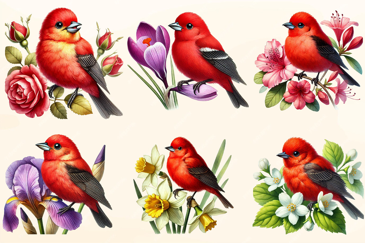 Spring Scarlet Tanager Bird Clipart, a Work Illustration by OK Design (Photo 2 of 4)