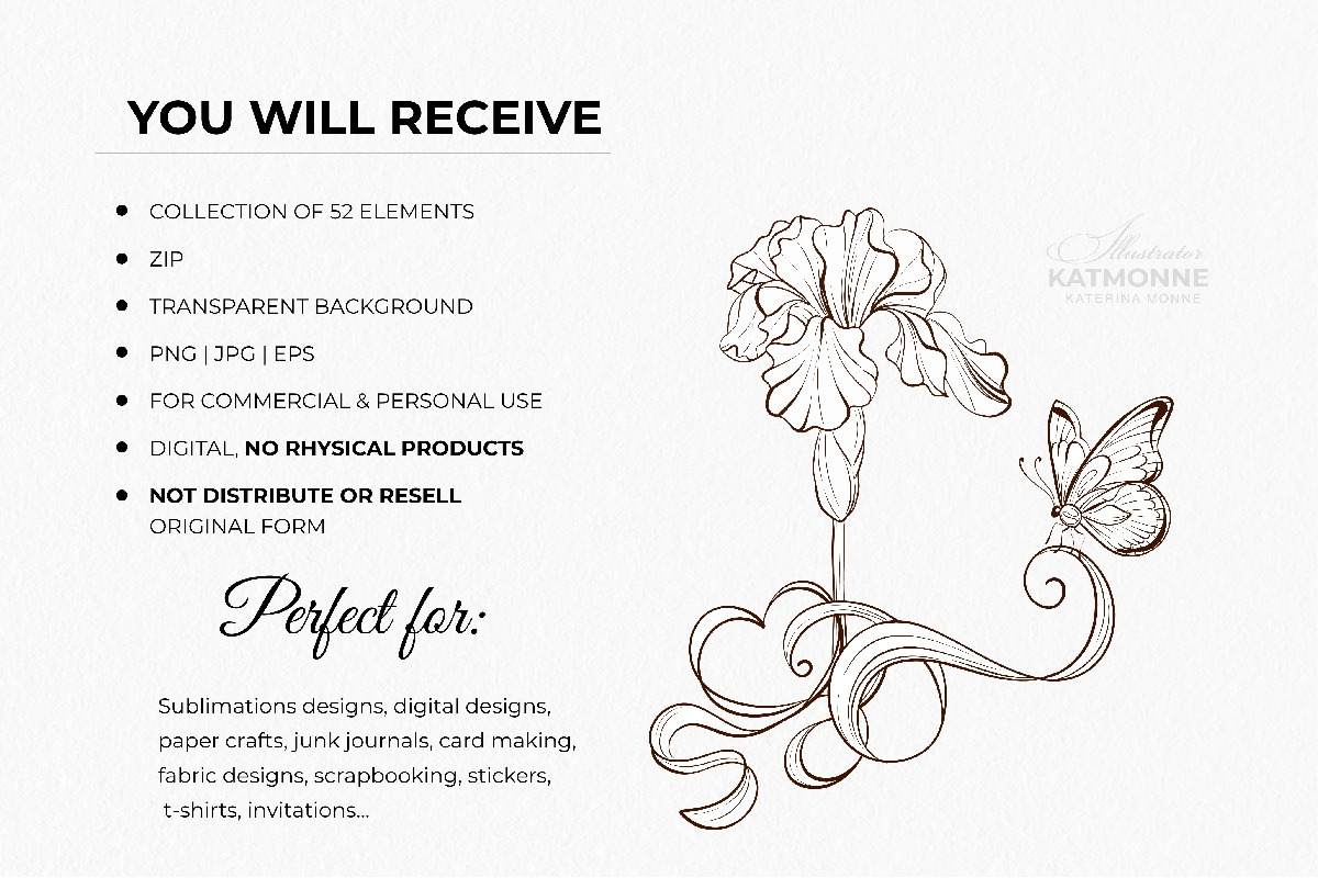 Iris Botanical Line Floral Vector, a Decorative Illustration by katmonne (Photo 2 of 14)