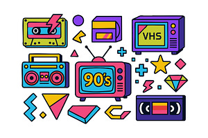Colorful 90s Retro Icons with VHS, an Illustration by AlexArt