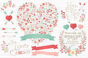 Mint & Coral Floral Heart & Banners, an Illustration by Amanda Ilkov (Thumbnail 1 of 4)