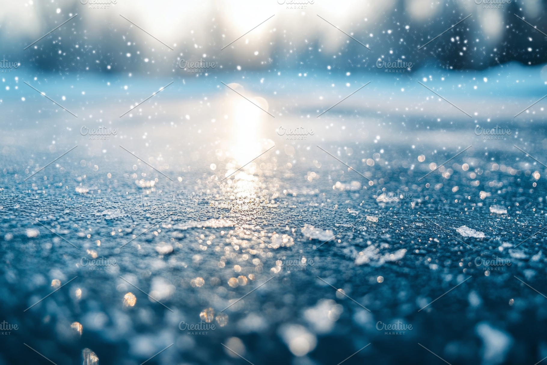 Sparkling snowflakes glisten on a frozen surface, creating a magical winter amb, a Background Photo by ImageMir