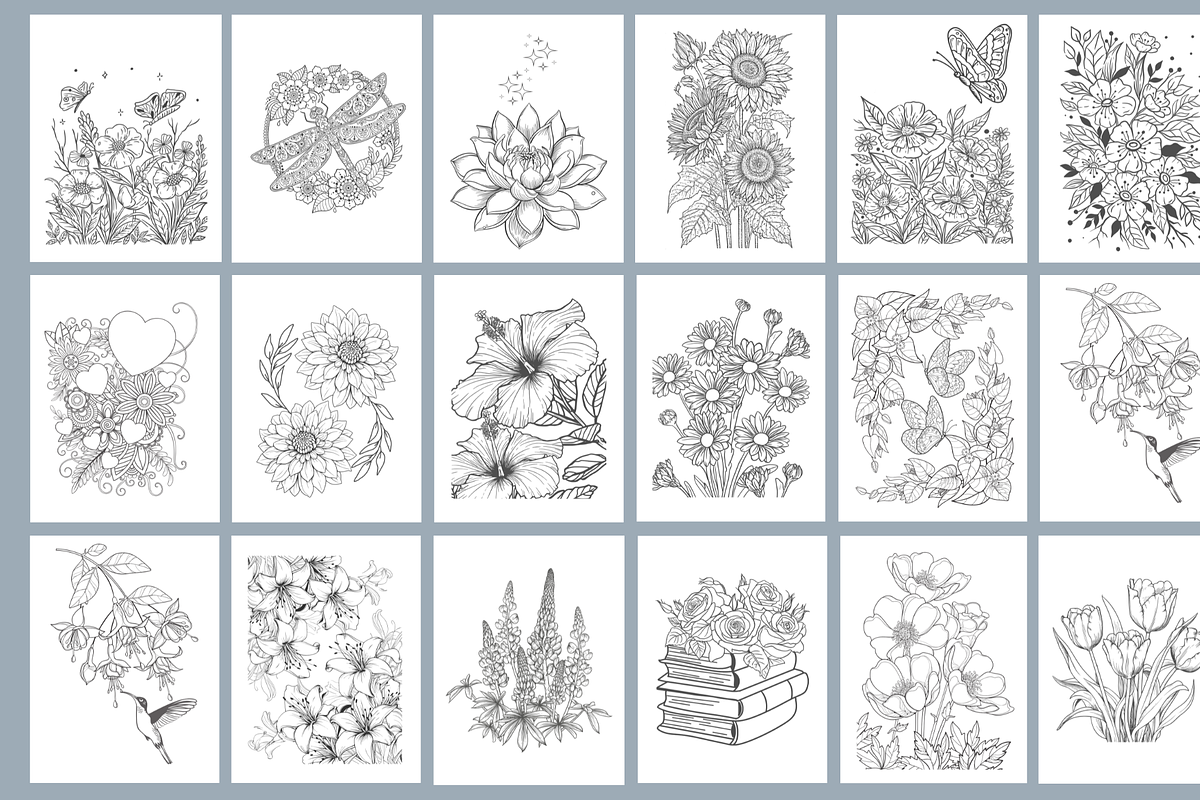 100 Flowers Coloring Book, a Decorative Illustration by MarisoArt (Photo 3 of 9)